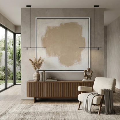 Beige Etchings textured wall under warm grazing light, highlighting the delicate hand-carved details.