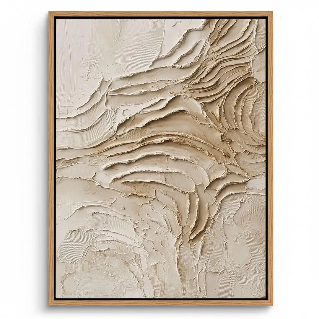 2Large 'Beige Horizon' abstract painting featuring hand-textured 3D layers in oatmeal and cream, a serene focal point for a luxury minimalist Dubai home.