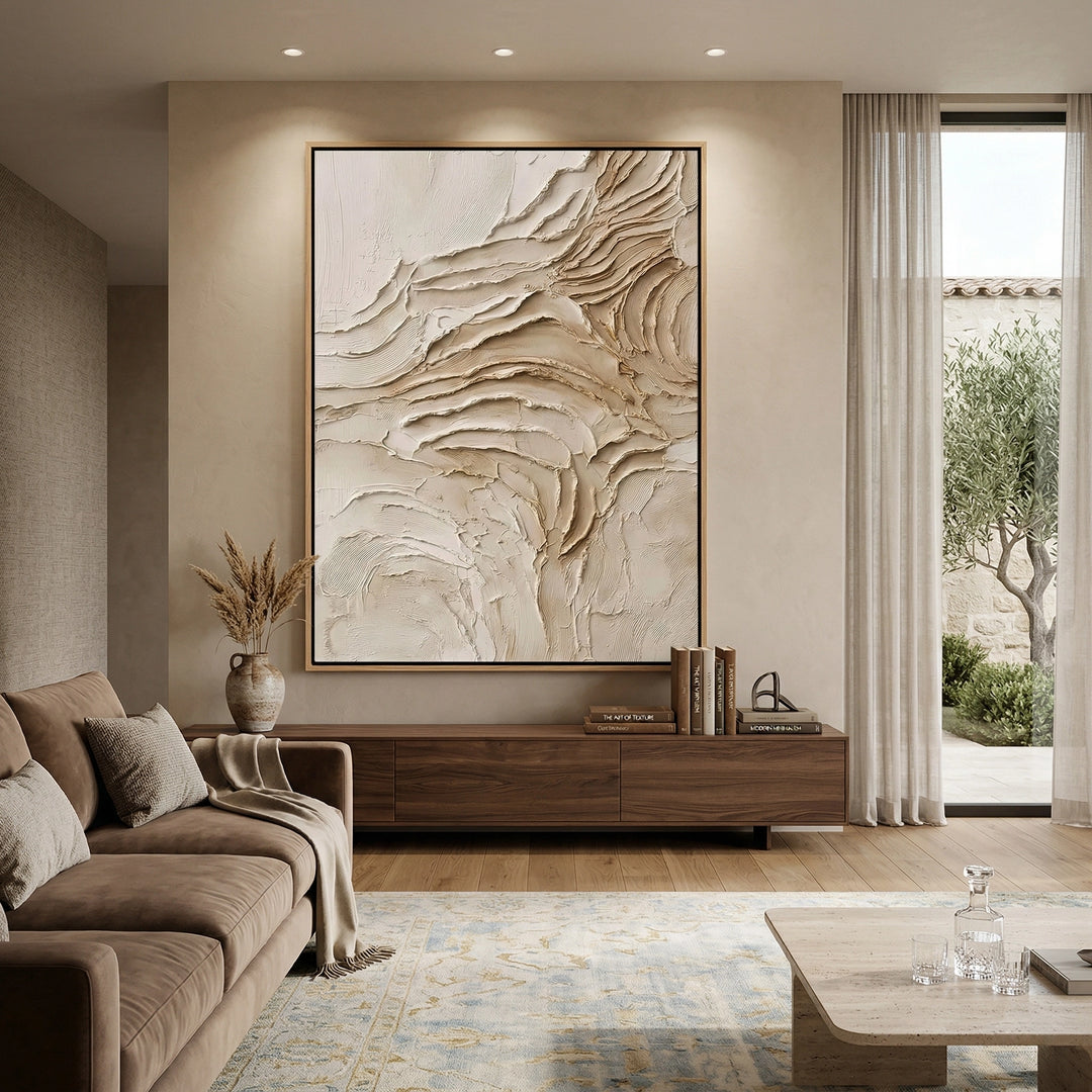 Minimalist 'Beige Horizon' canvas art with heavy impasto textures along the landscape line, bringing architectural depth to a contemporary Abu Dhabi villa.