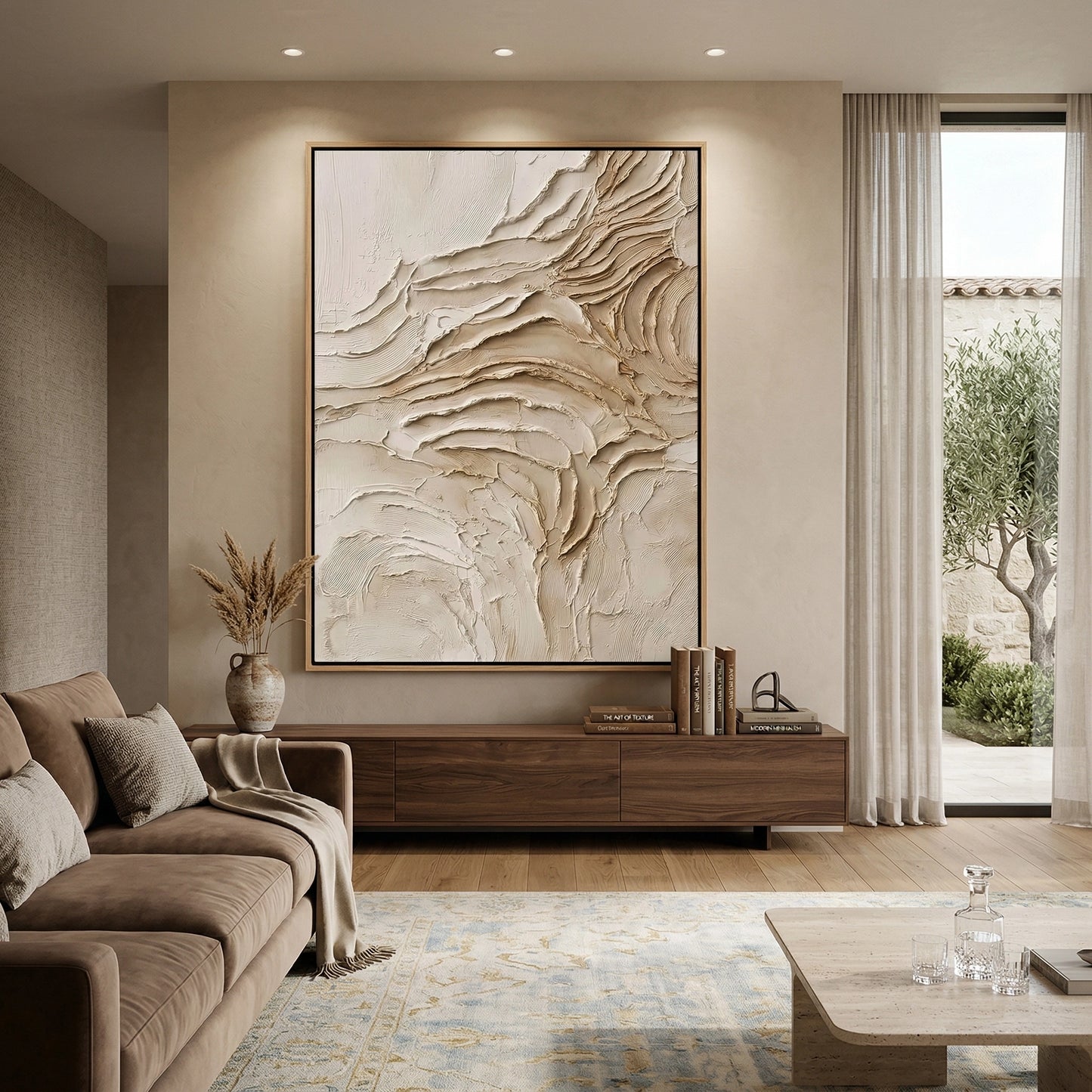 2Minimalist 'Beige Horizon' canvas art with heavy impasto textures along the landscape line, bringing architectural depth to a contemporary Abu Dhabi villa.