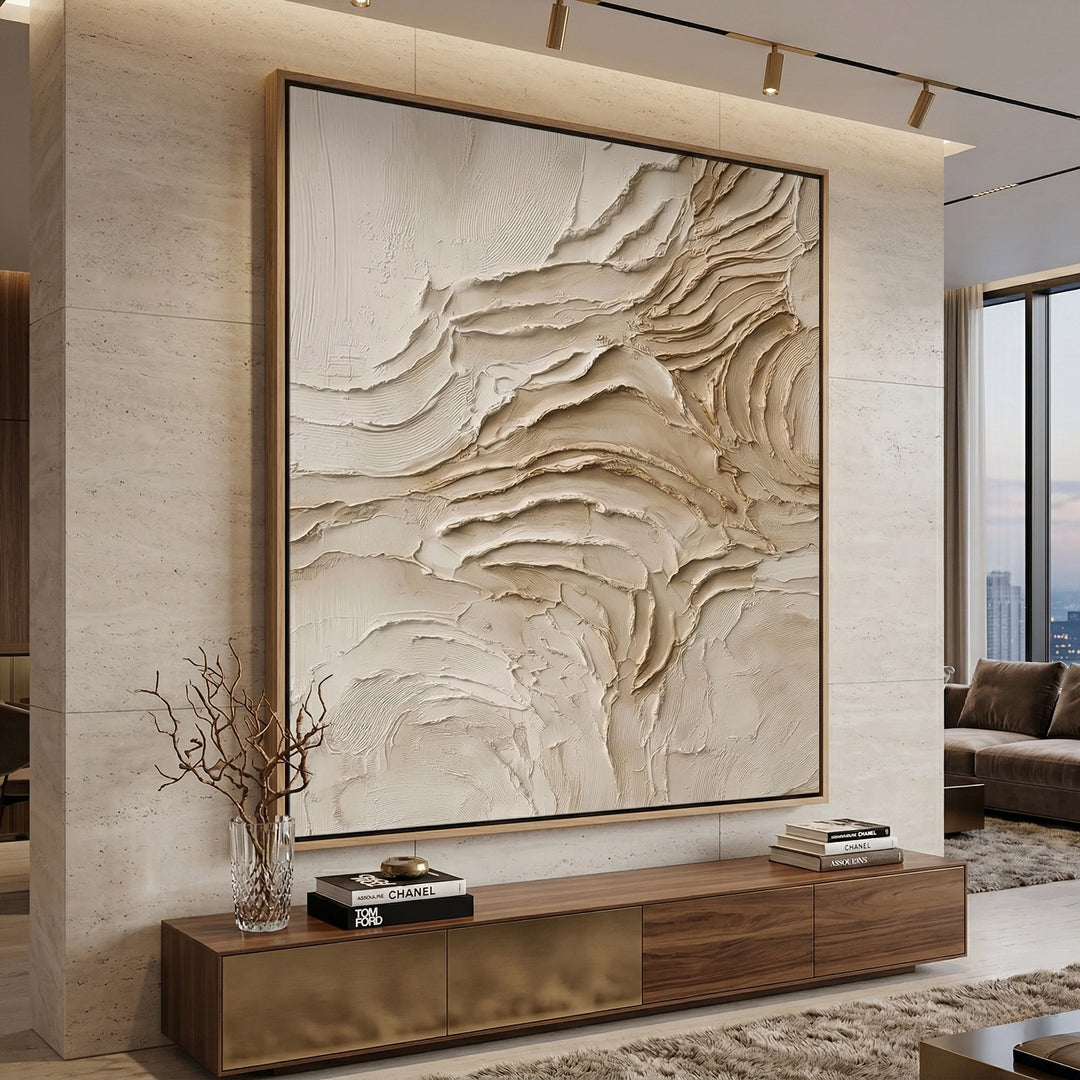 Modern 'Beige Horizon' textured art in a monochromatic neutral palette, premium desert-inspired wall decor available in the UAE.