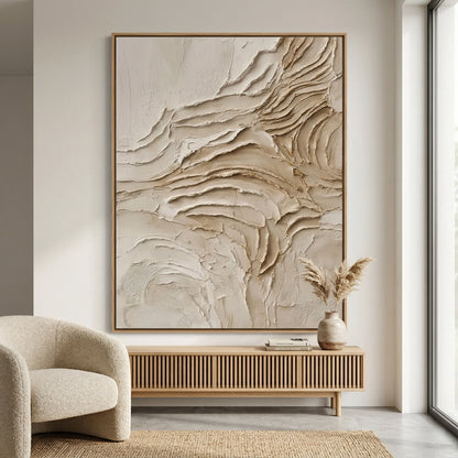 Luxury 'Beige Horizon' area rug with a subtle high-low pile gradient mimicking a desert landscape, perfect for a high-end Dubai lounge.