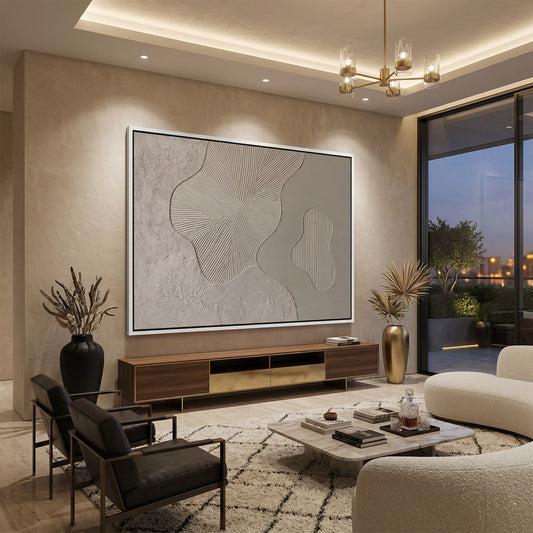 Contemporary Majlis design in the Emirates using Beige Minimalist Path for a sophisticated, understated backdrop.