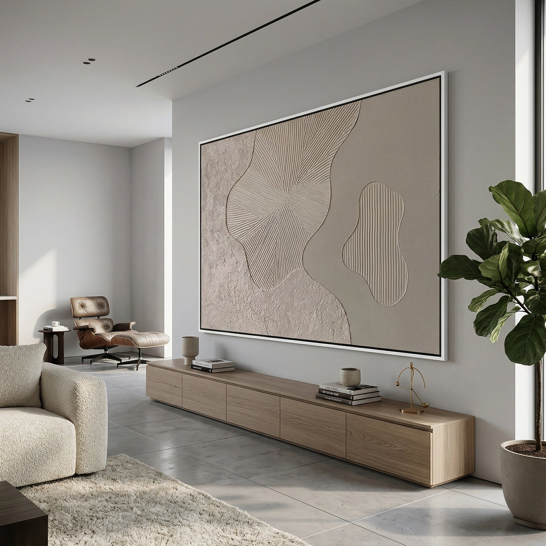 Modern master suite in the UAE showcasing the calming, linear aesthetic of Beige Minimalist Path wall finishes.