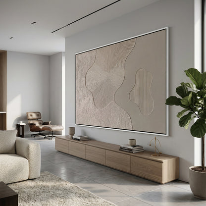 Modern master suite in the UAE showcasing the calming, linear aesthetic of Beige Minimalist Path wall finishes.
