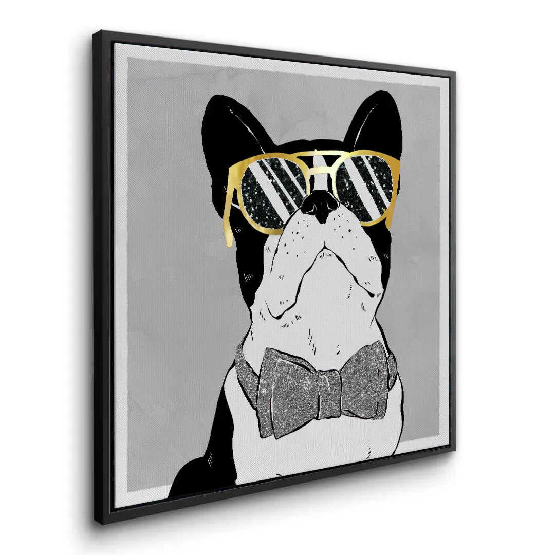 2Black framed French Bulldog canvas print gold glasses wall art