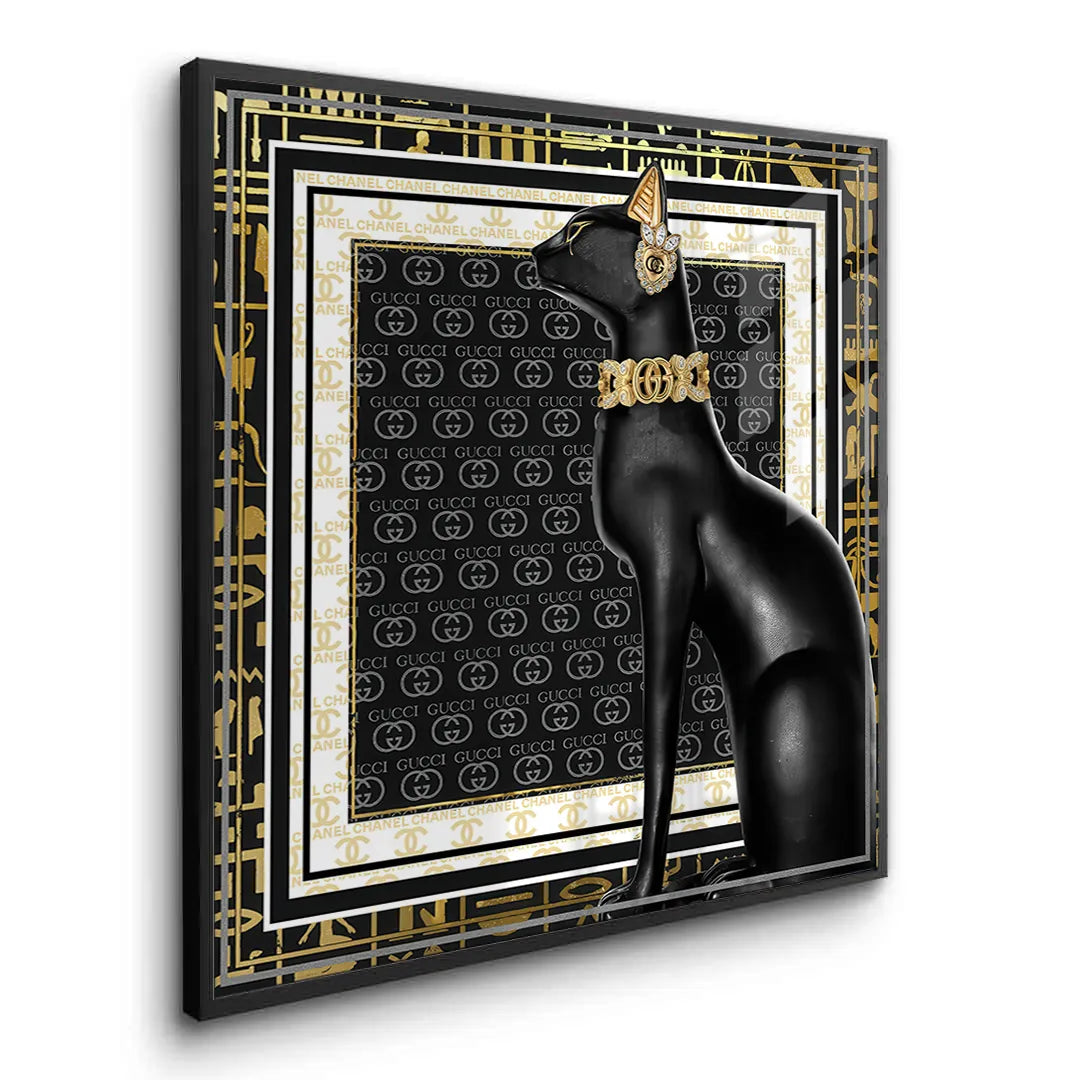 2Black framed Bastet cat fine art print gold Egyptian pattern