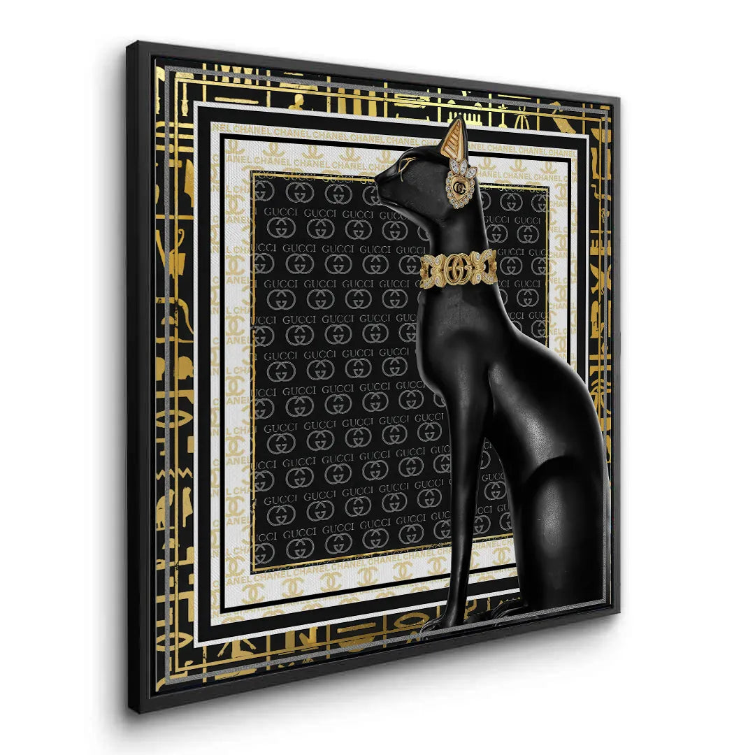 Black framed Bastet Cat canvas art gold choker and logo pattern
