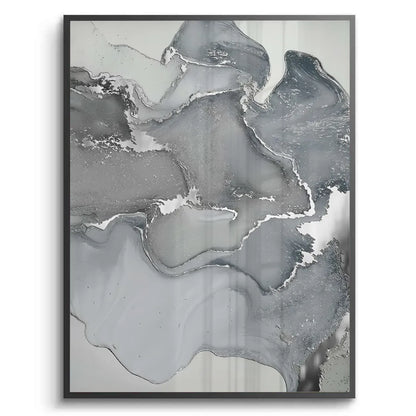 Contemporary grey and silver alcohol ink art black frame