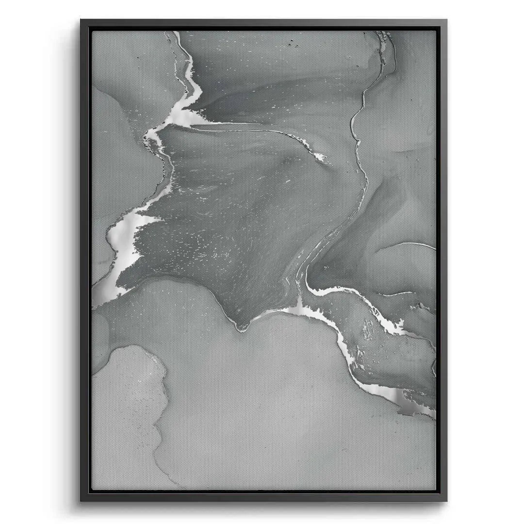Vertical framed abstract canvas art grey silver fluid style black frame