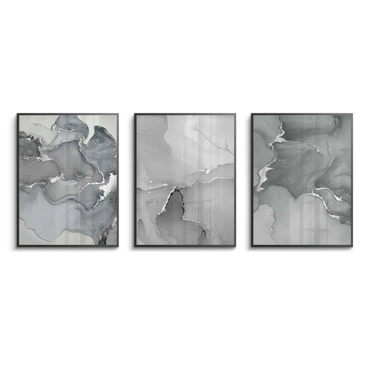 Set of 3 framed abstract fluid art prints grey silver wall decor fine art