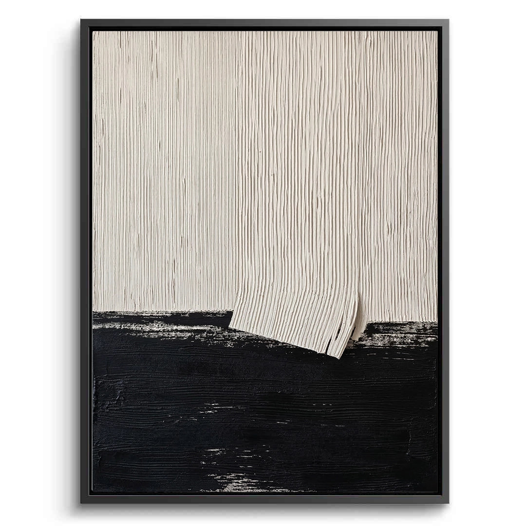 Large 3D 'Black & White Plaster' wall art with heavy hand-sculpted textures and deep shadow play, a bold monochromatic focal point for a luxury Dubai penthouse