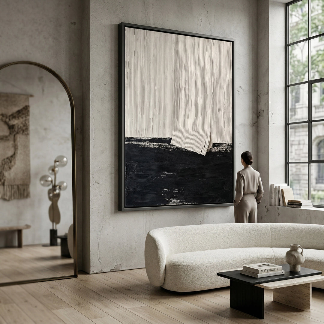 Abstract 'Black & White Plaster' painting with a high-contrast textured finish, premium handcrafted wall decor available in the UAE