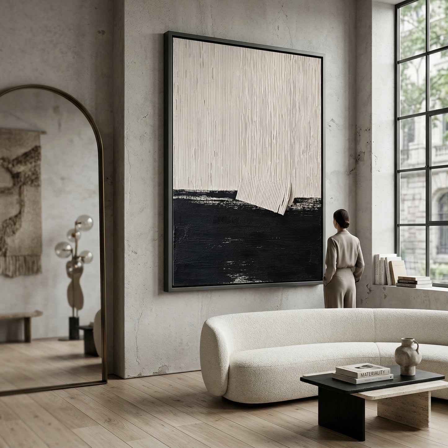 2Abstract 'Black & White Plaster' painting with a high-contrast textured finish, premium handcrafted wall decor available in the UAE