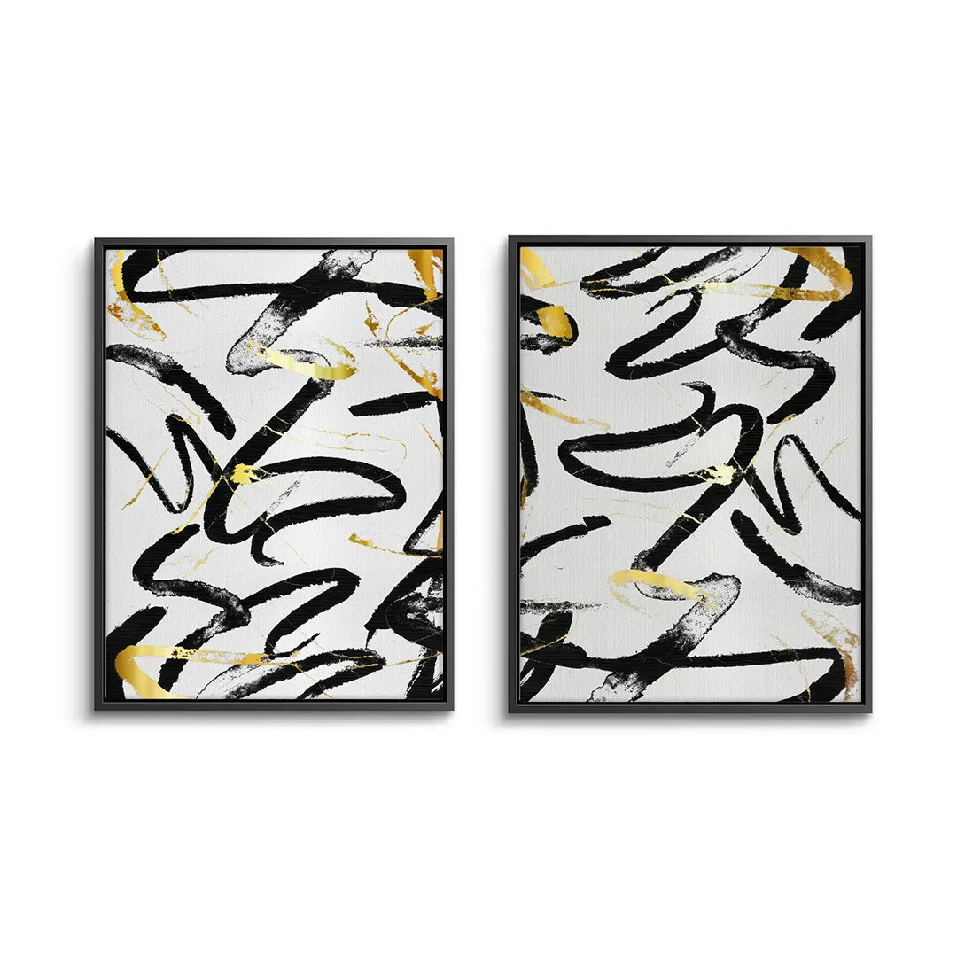 2Black and Gold Brush Strock Set of 2 - Canvas