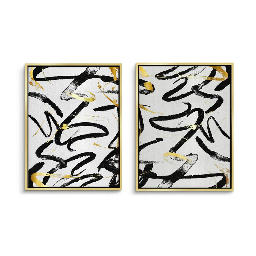 2Black and Gold Brush Strock Set of 2 - Canvas