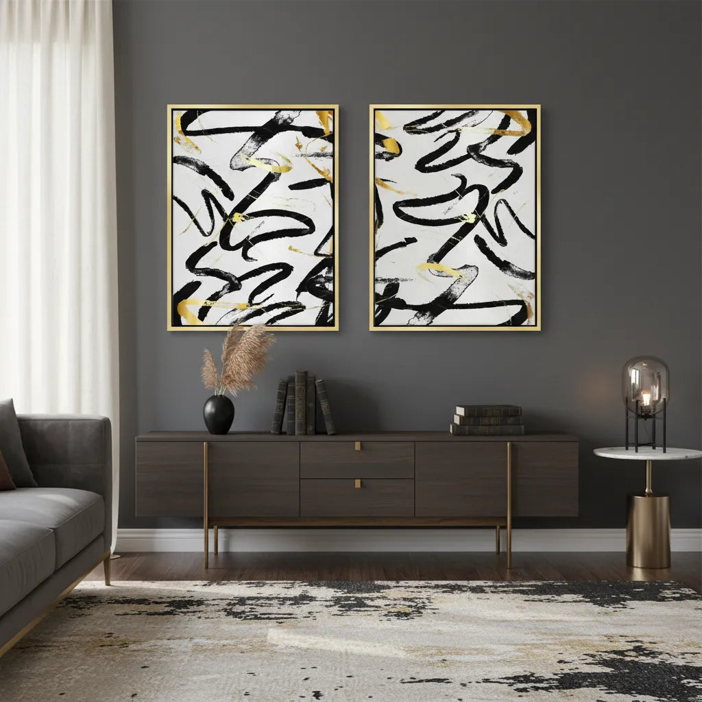 Black and Gold Brush Strock Set of 2 - Canvas - Jasmineart.ae
