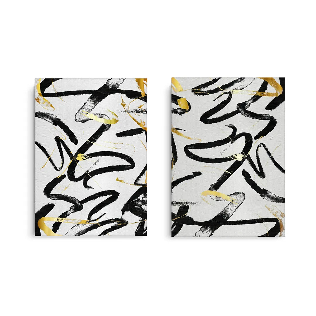 Black and Gold Brush Strock Set of 2 - Canvas - Jasmineart.ae
