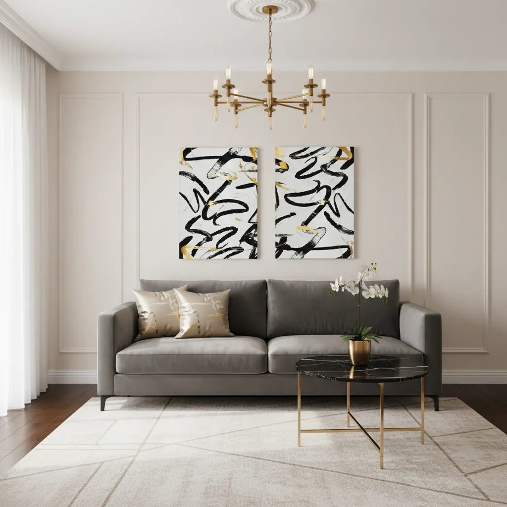 2Black and Gold Brush Strock Set of 2 - Canvas