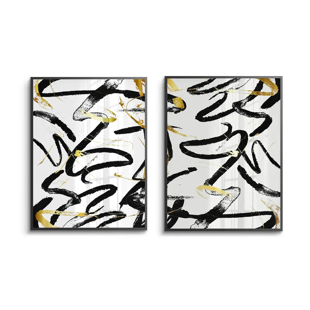 Black and Gold Brush Strock Set of 2 - Fine Art - Jasmineart.ae
