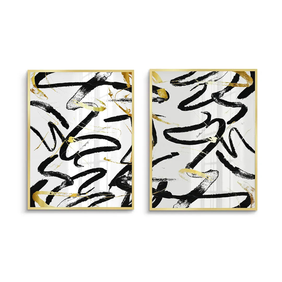 Black and Gold Brush Strock Set of 2 - Fine Art - Jasmineart.ae