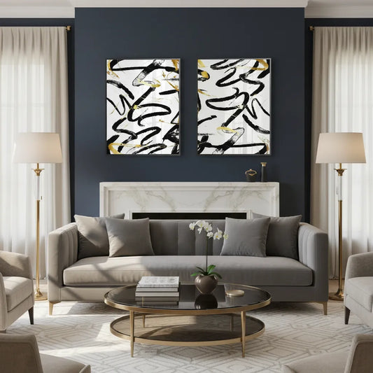 Black and Gold Brush Strock Set of 2 - Fine Art