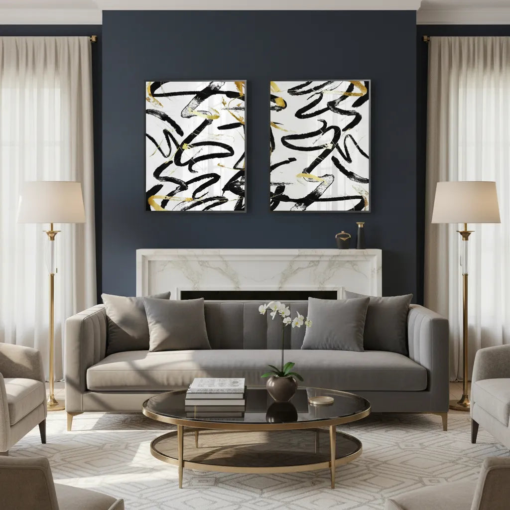 Black and Gold Brush Strock Set of 2 - Fine Art - Jasmineart.ae