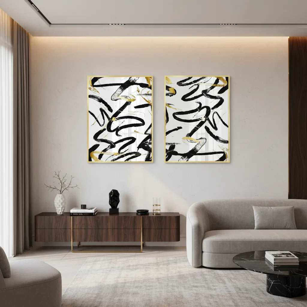 Black and Gold Brush Strock Set of 2 - Fine Art - Jasmineart.ae
