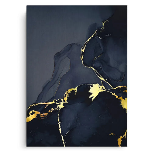 Dark navy blue and gold abstract canvas art, featuring flowing golden lines on a rich dark background UAE Dubai.