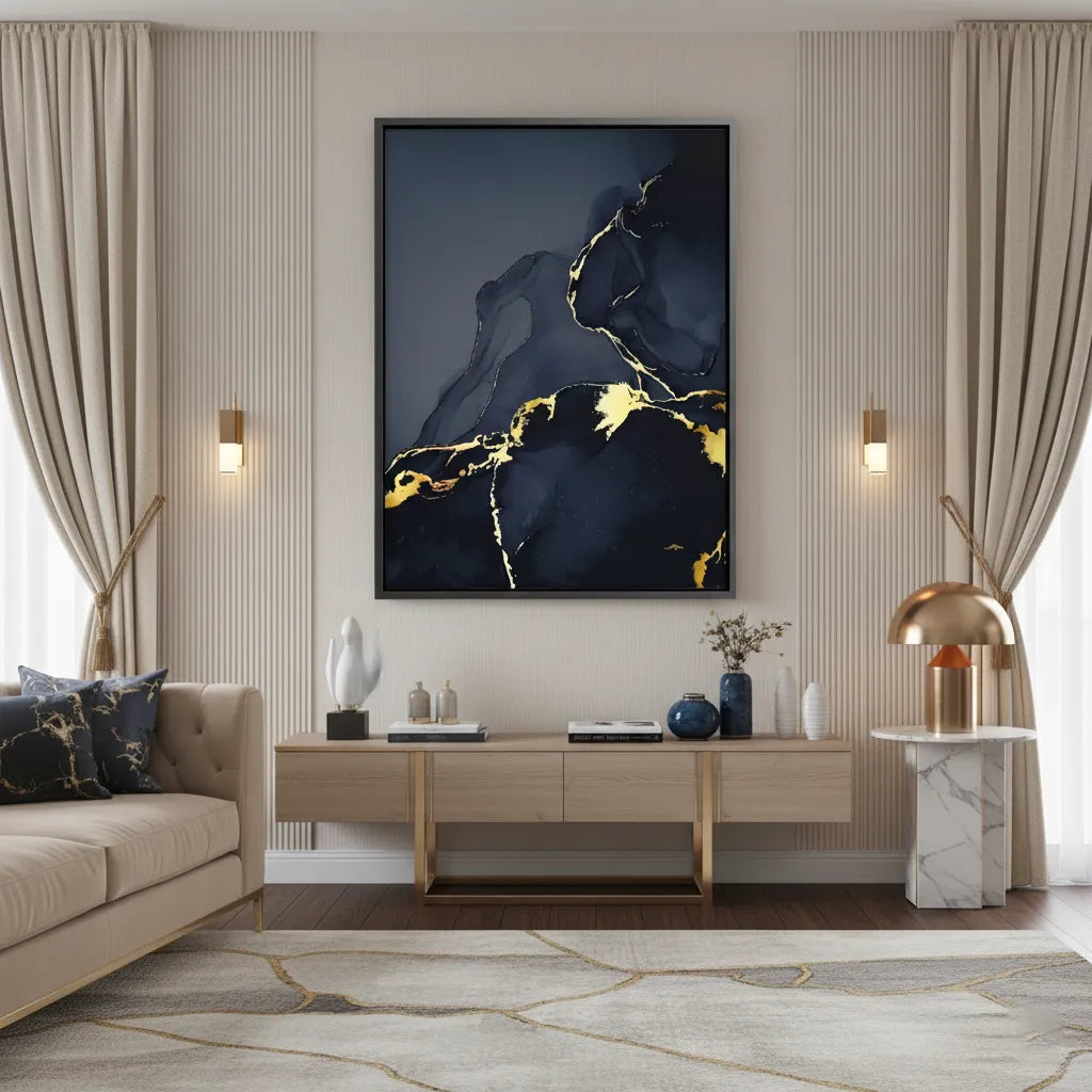 Blue and Gold Abstract - Canvas - Jasmineart.ae