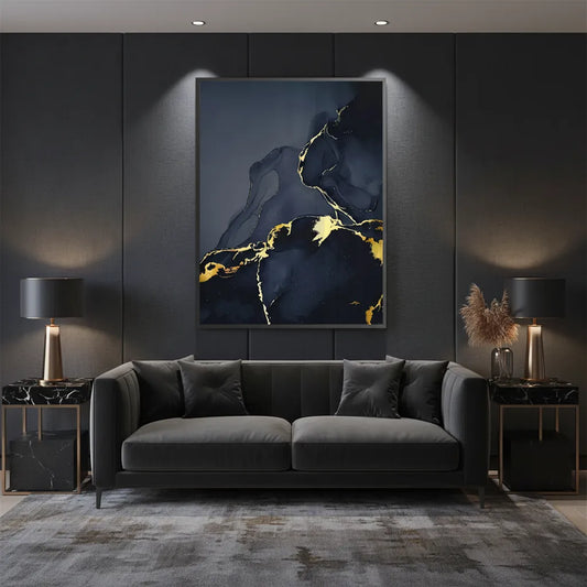 Modern living room with a large dark navy blue and gold abstract fine art print above a sofa on a dark wall UAE Dubai.