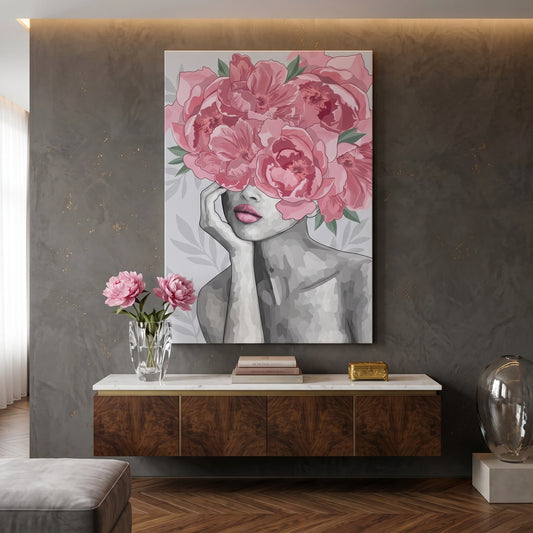 Blushing Peonies Female Portrait - Canvas