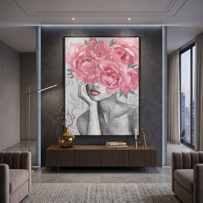 Blushing Peonies Female Portrait - Canvas