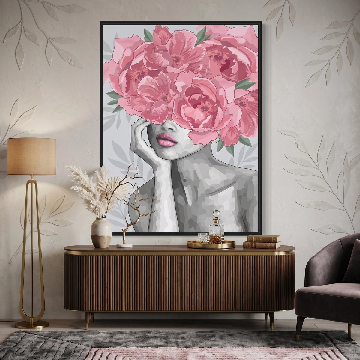 Blushing Peonies Female Portrait - Canvas