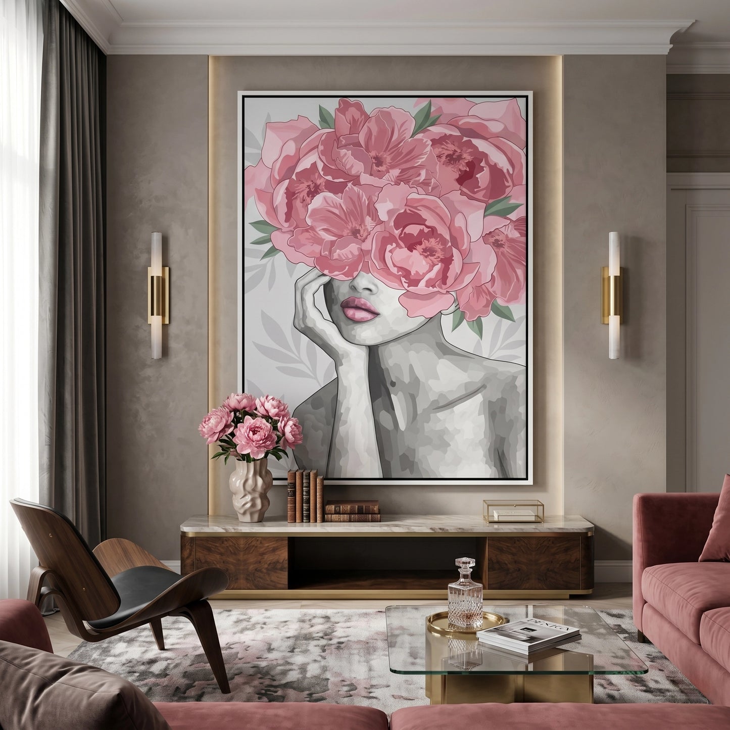 2Blushing Peonies Female Portrait - Canvas