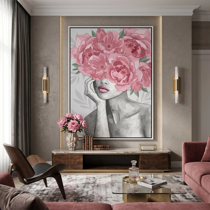 Blushing Peonies Female Portrait - Canvas