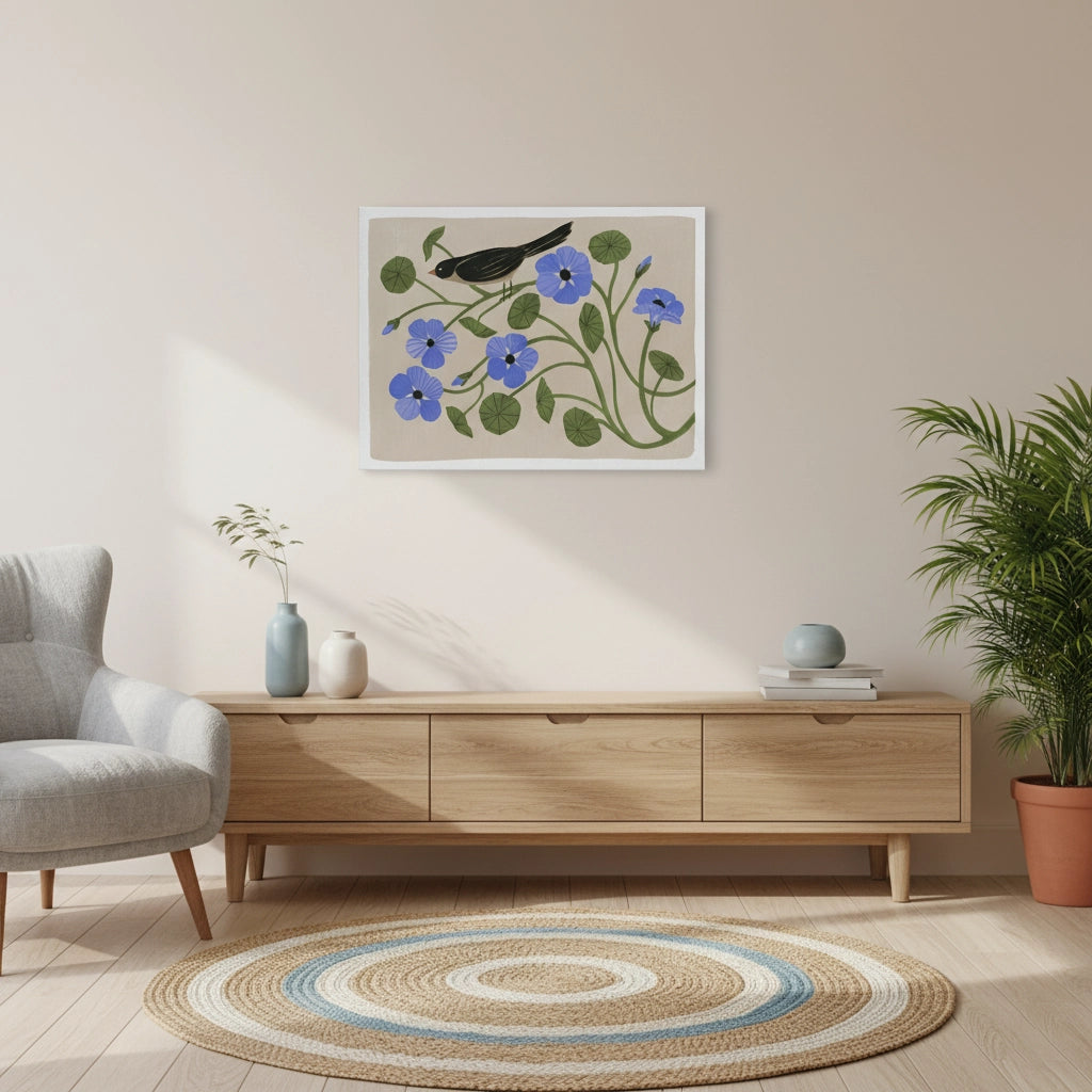 Boho Bird and Blue Flower  - Canvas - Jasmineart.ae