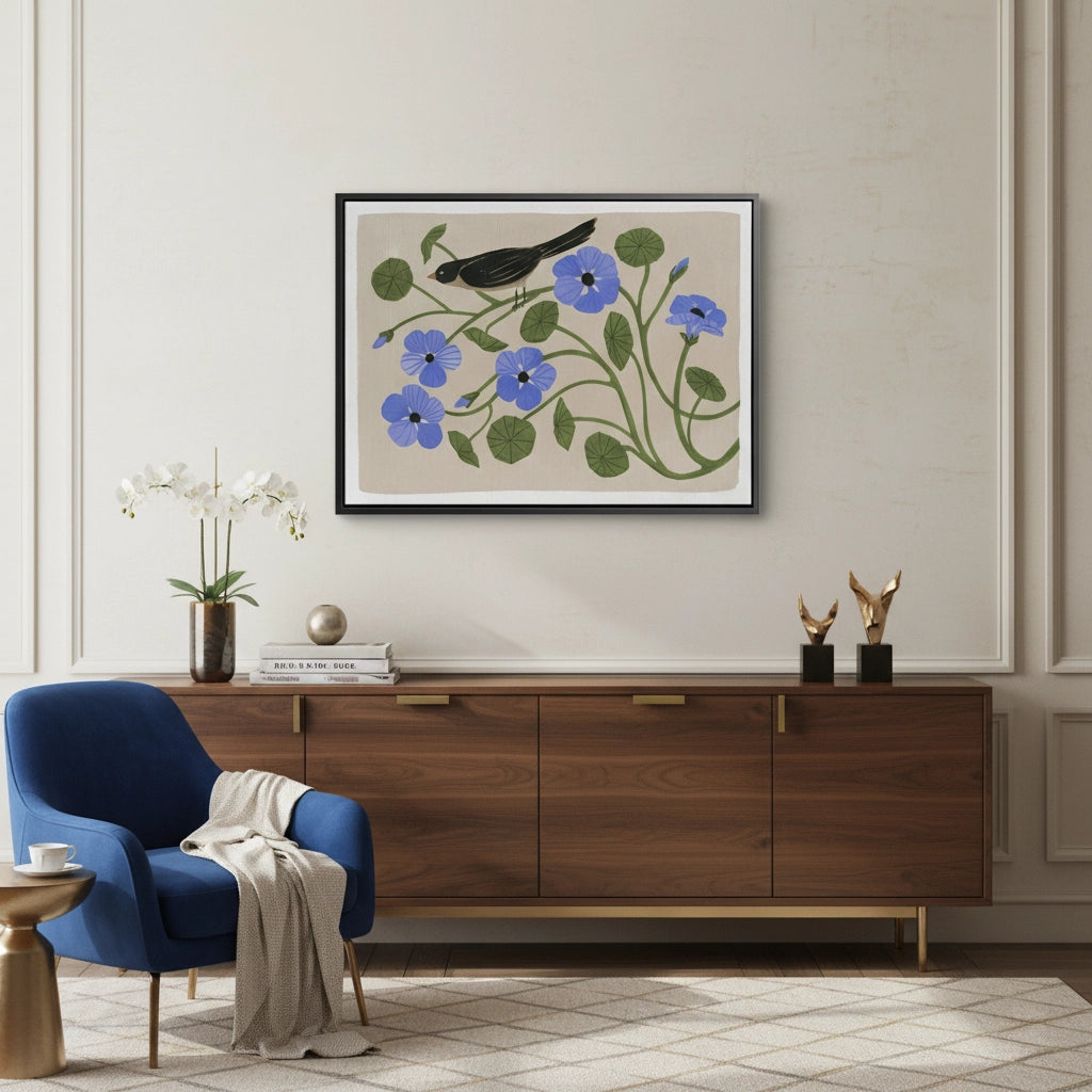 Boho Bird and Blue Flower  - Canvas - Jasmineart.ae