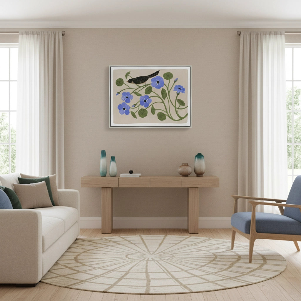 Boho Bird and Blue Flower  - Canvas - Jasmineart.ae