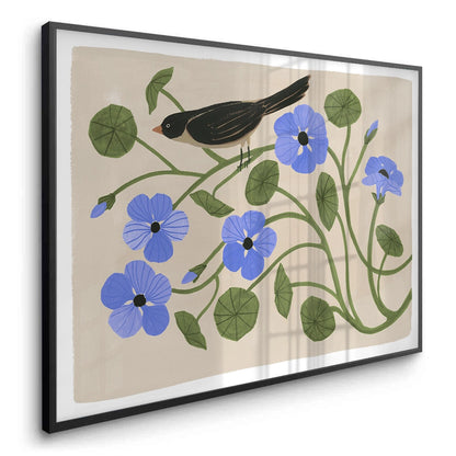 Boho Bird and Blue Flower - Fine Art