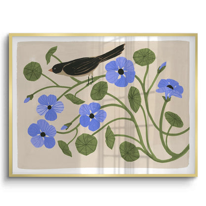 Boho Bird and Blue Flower - Fine Art
