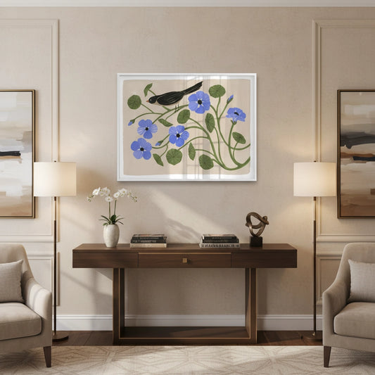 Boho Bird and Blue Flower - Fine Art