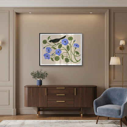 Boho Bird and Blue Flower - Fine Art