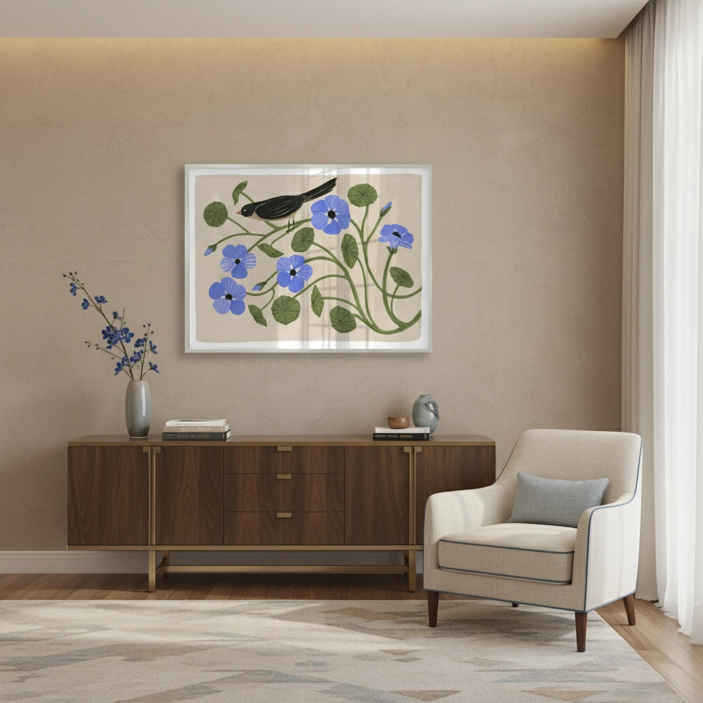 Boho Bird and Blue Flower - Fine Art - Jasmineart.ae
