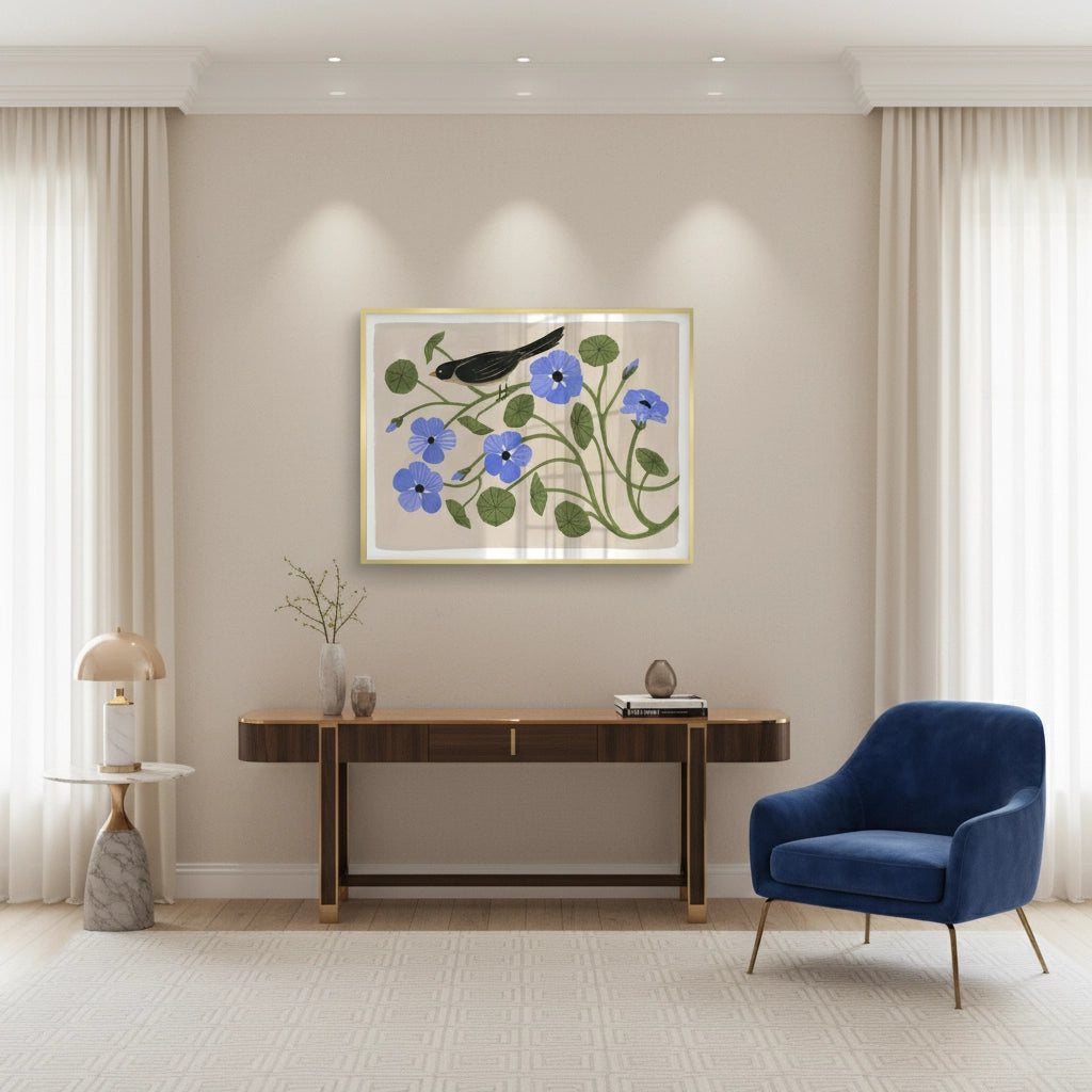 2Boho Bird and Blue Flower - Fine Art