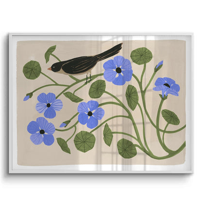 Boho Bird and Blue Flower - Fine Art