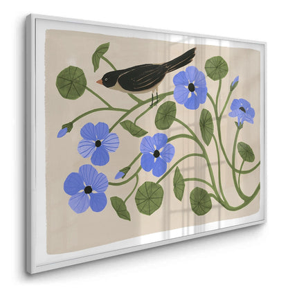 Boho Bird and Blue Flower - Fine Art