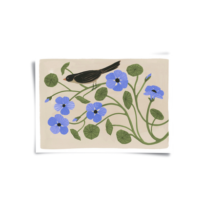 Boho Bird and Blue Flower - Poster
