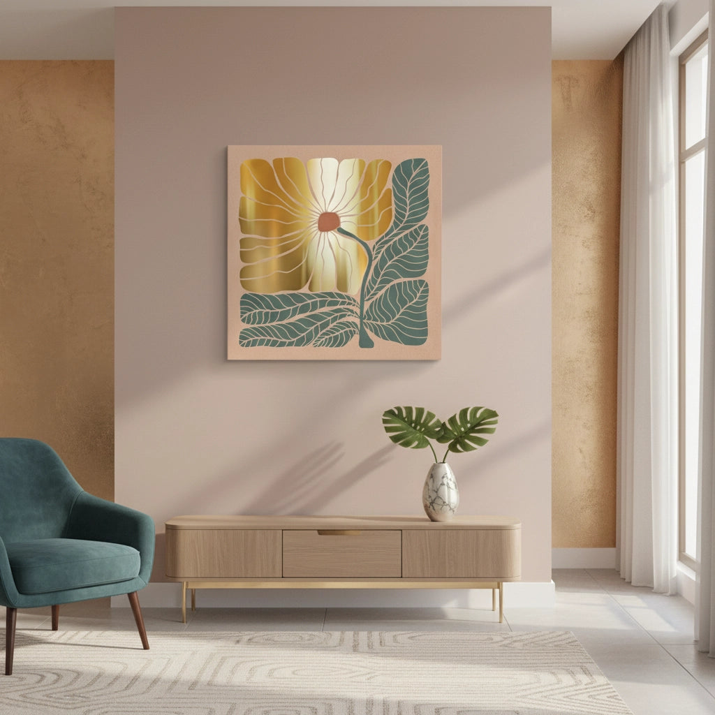 Boho Gold Bloom and Leaves - Canvas - Jasmineart.ae