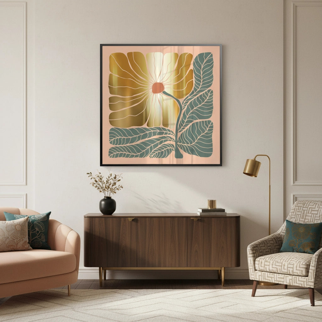Boho Gold Bloom and Leaves - Fine Art - Jasmineart.ae